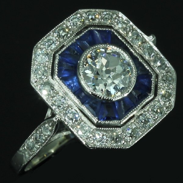 Vintage Blue Sapphire Diamond Engagement Ring Art Deco Jewelry from the antique jewelry collection of www.adin.be